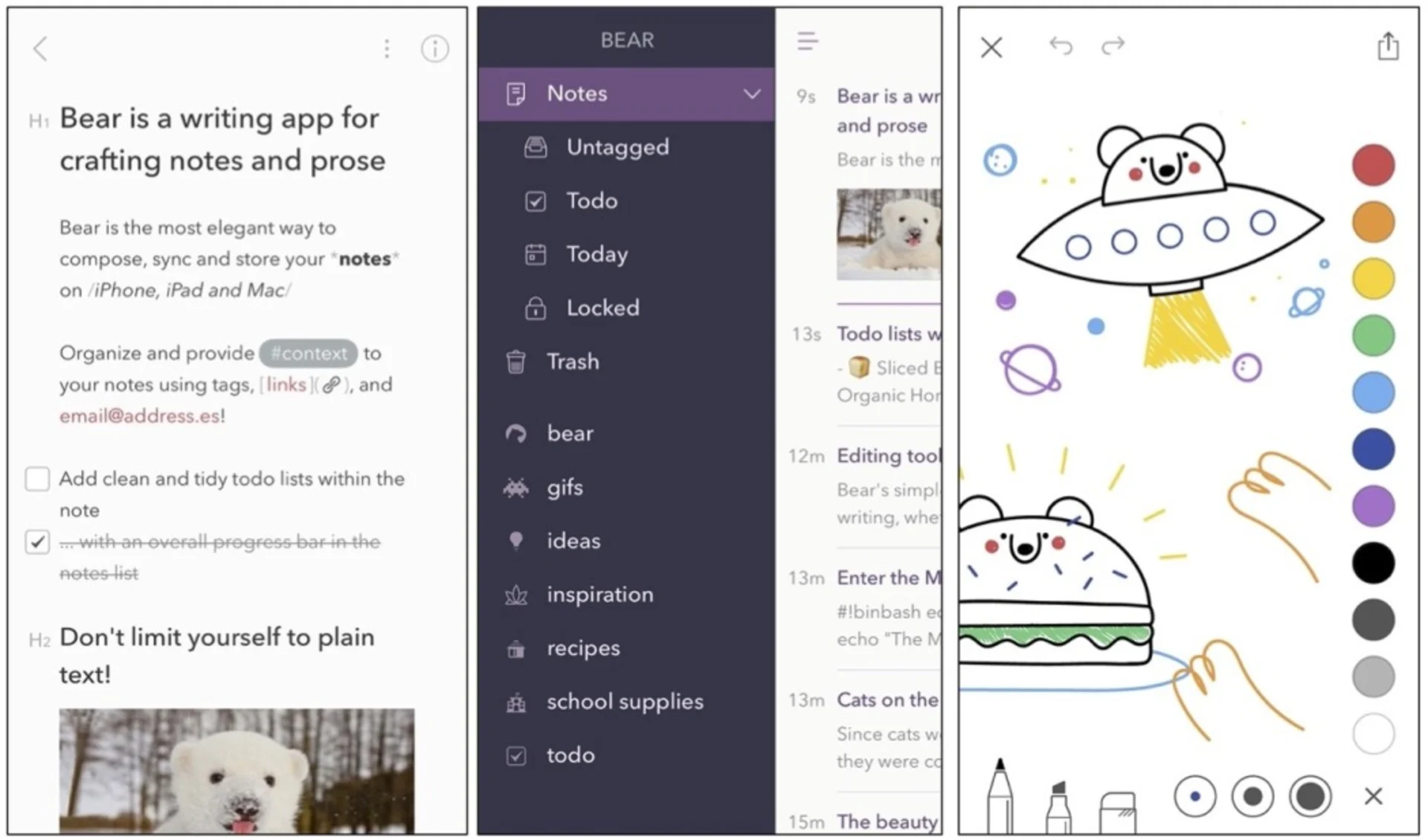 Drawing in Bear Notes, iPhone Demo, Sketch Abilities - 3 iPhone Screens