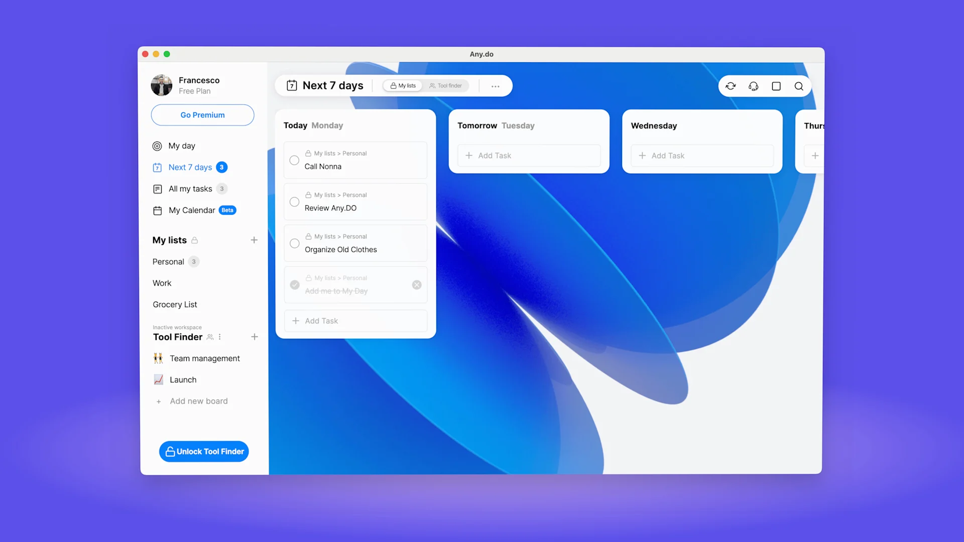 Next 7 Days View inside of Any.DO, productivity to-do app, updated March 2024