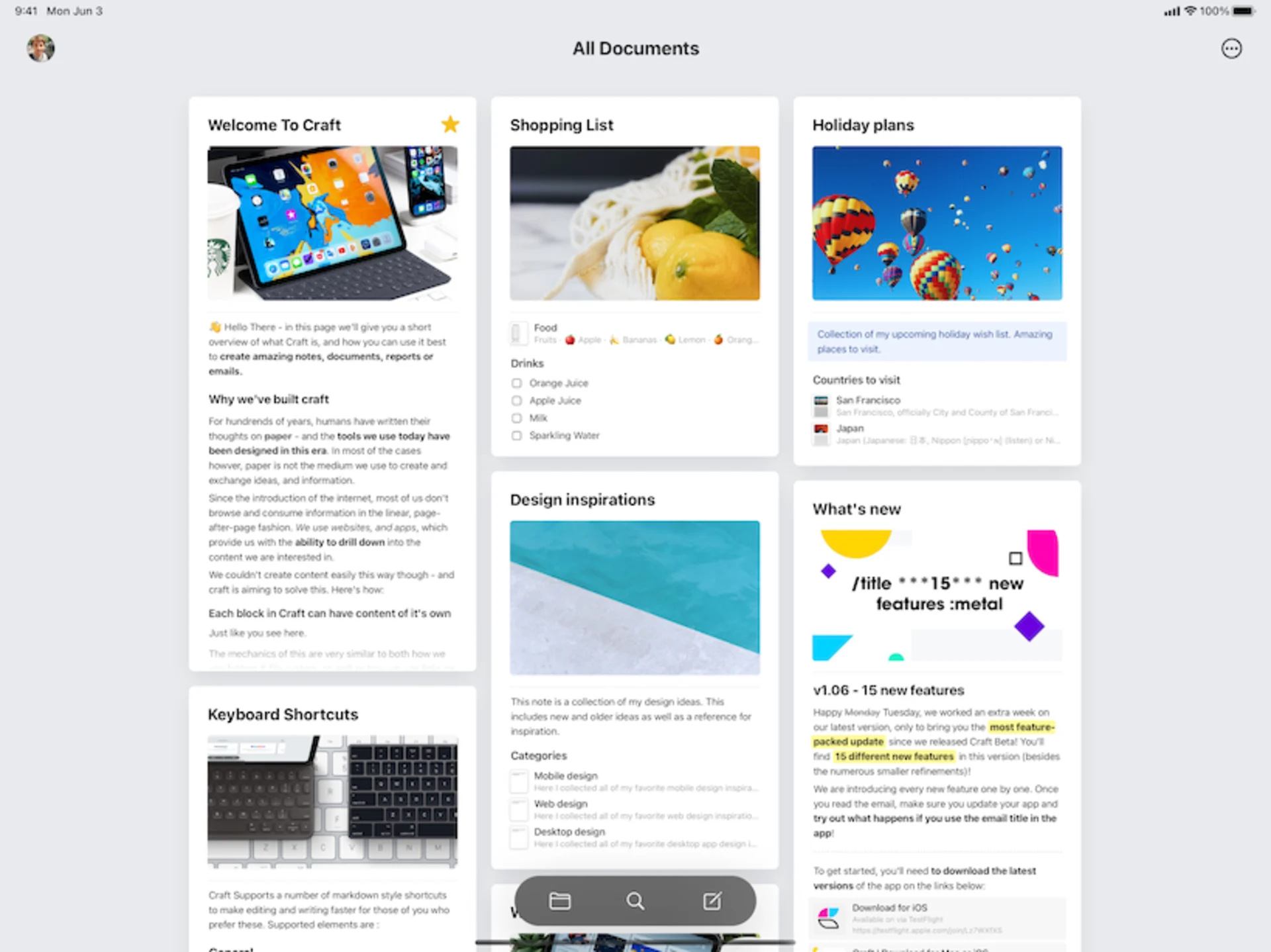 Craft Docs pages and documents features.