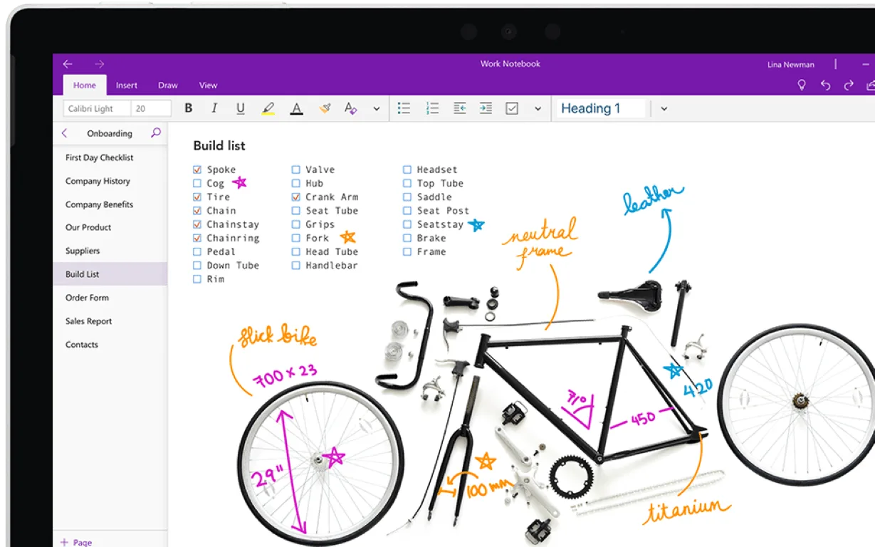 OneNote Open, with Checklist for Build List with Bike & Sketches