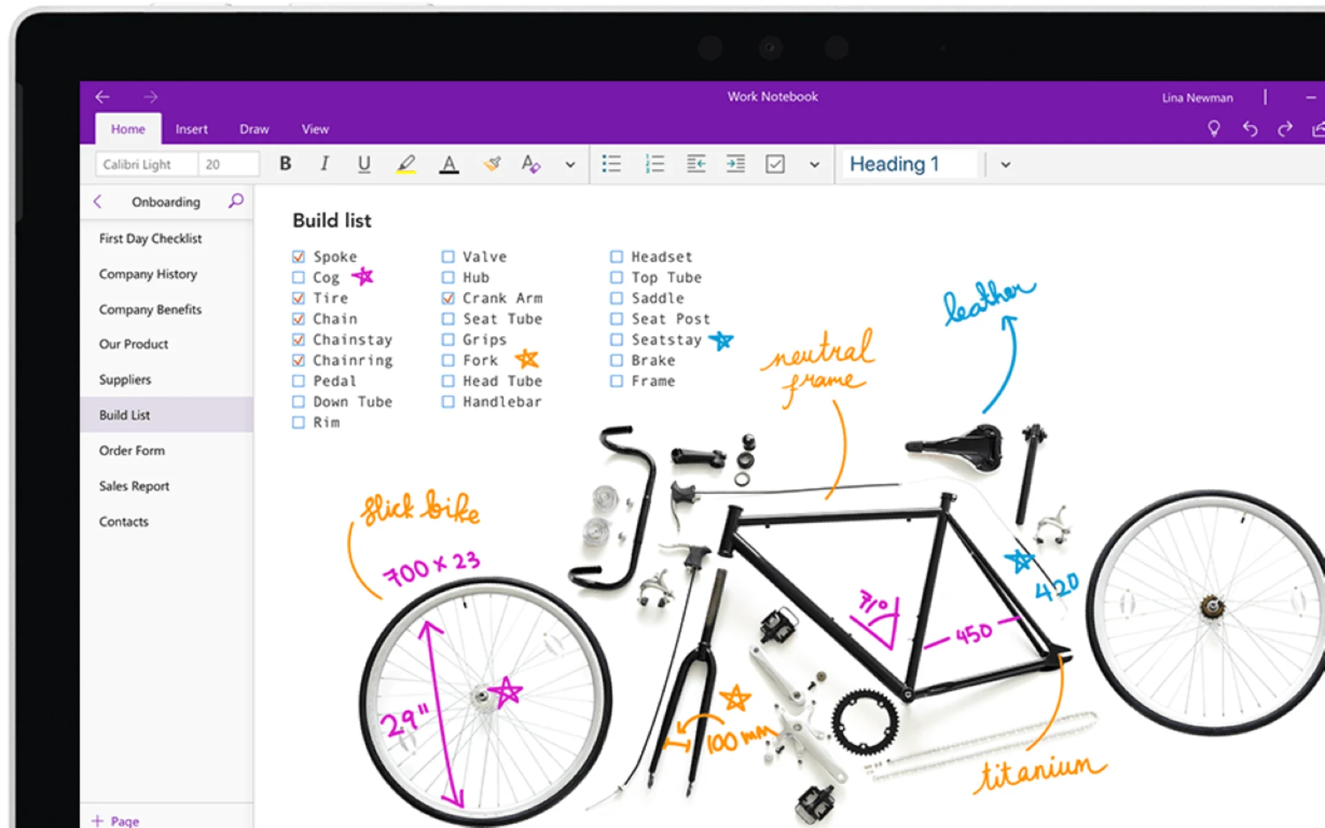 OneNote Open, with Checklist for Build List with Bike & Sketches