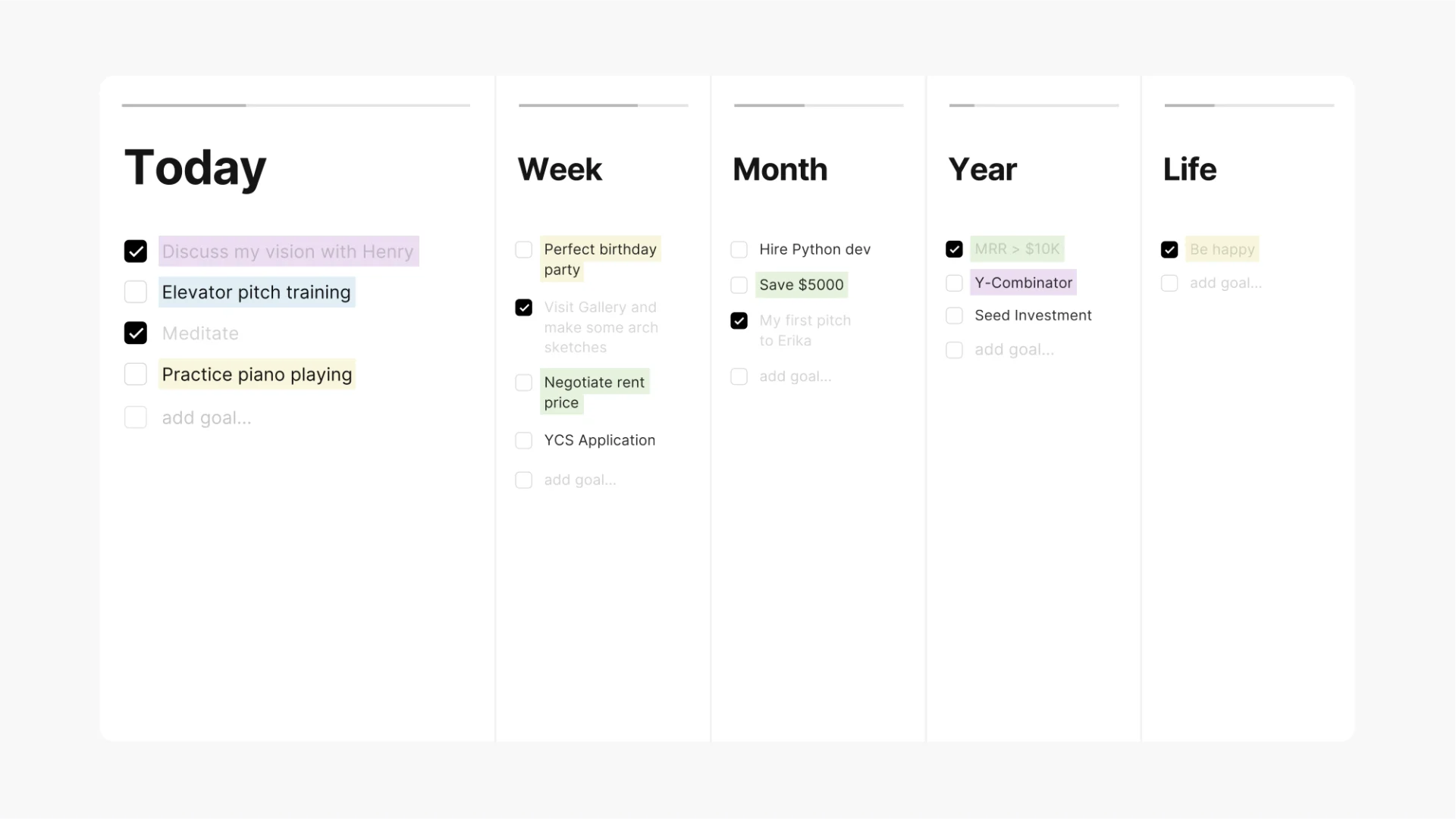 Timestripe App, Showing Today, Week, Month, Year and Life, To-Do List Apps