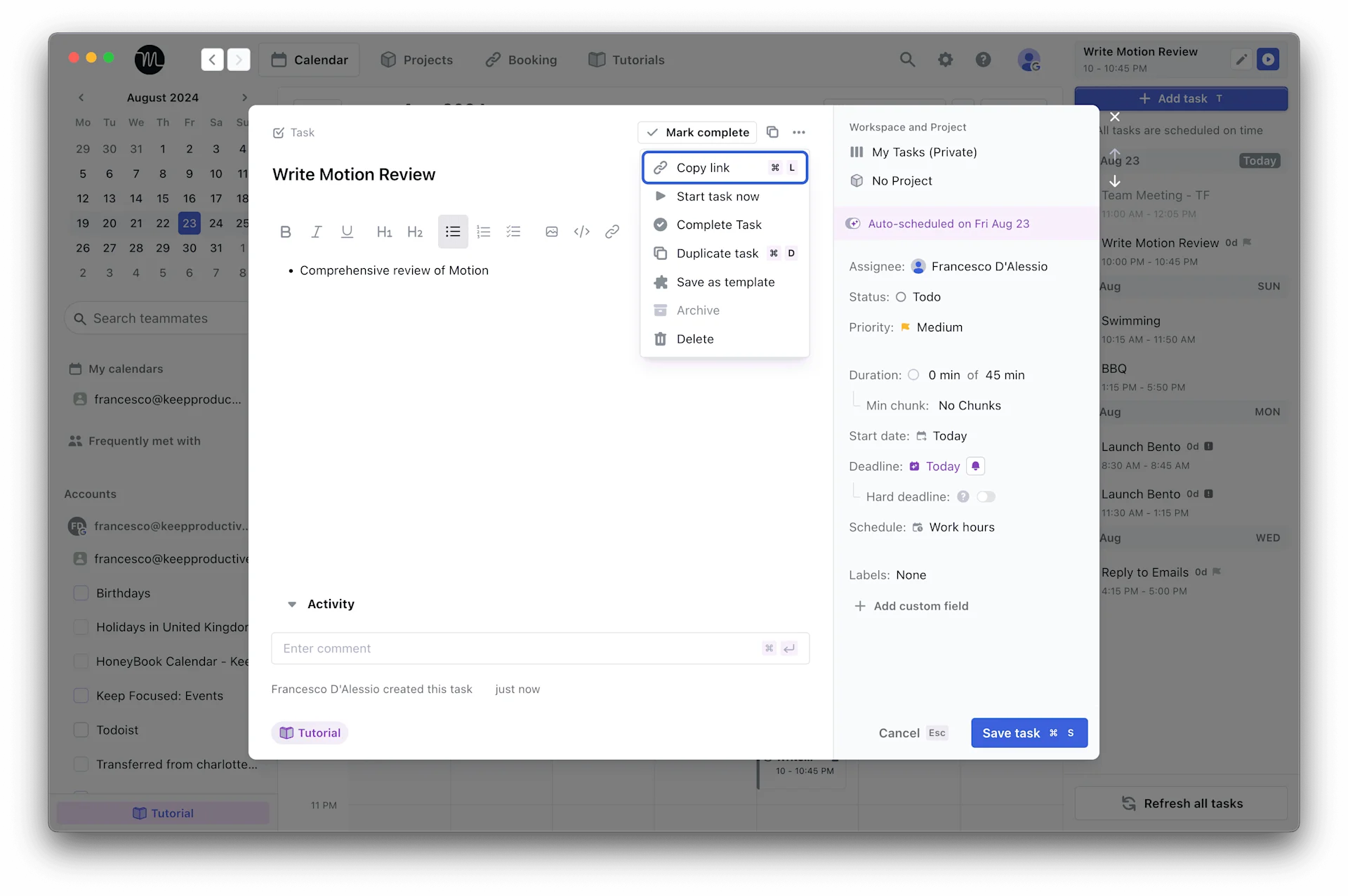 Creating a task inside of Motion app