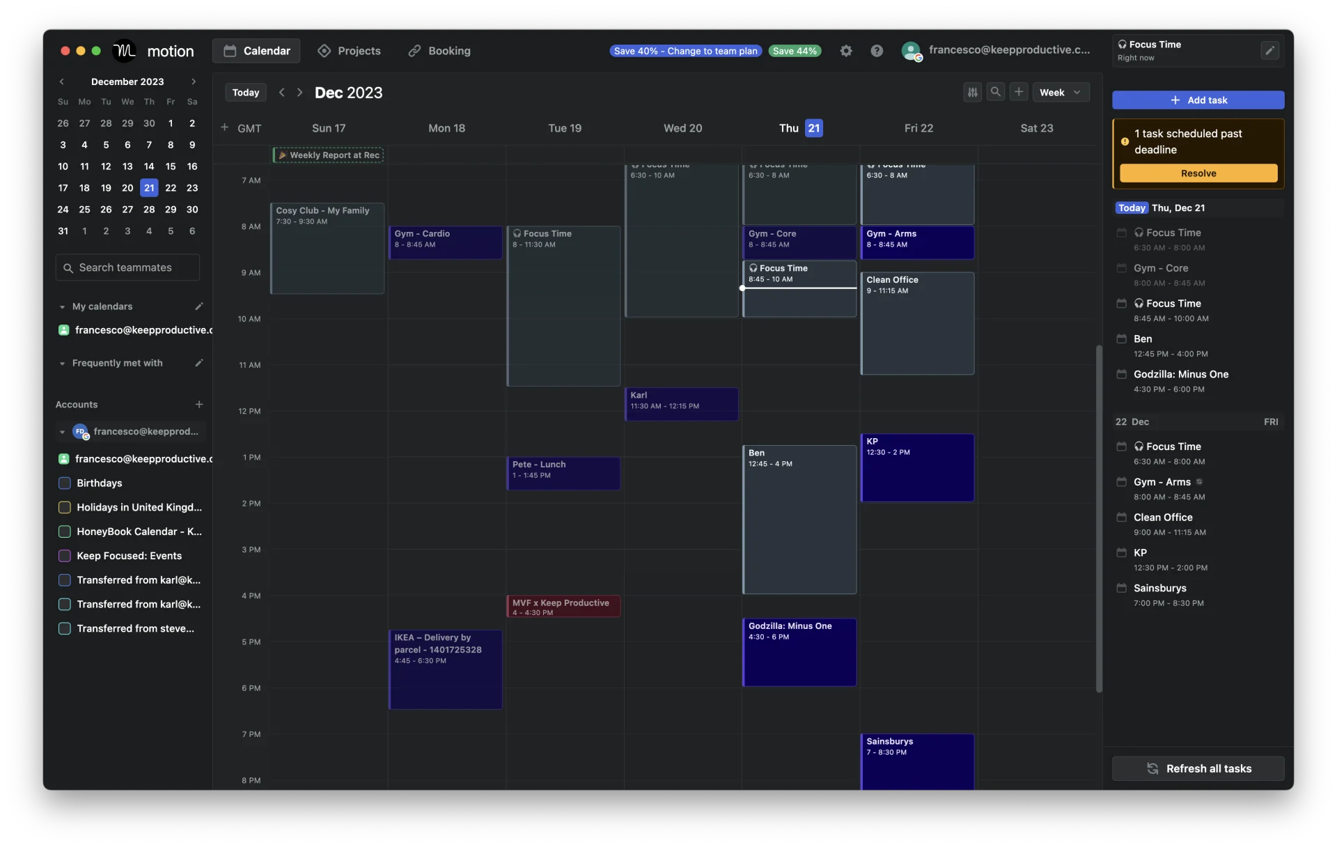 Motion App, Showing Tasks, Calendar & Meetings on Home