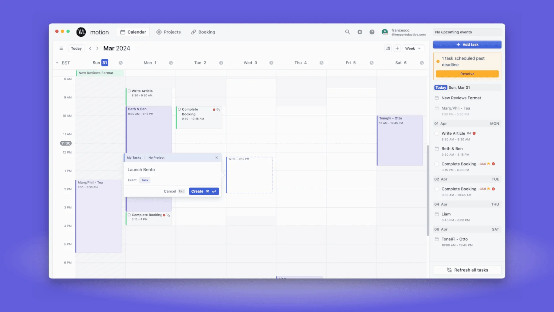 Motion App, Showing Tasks, Calendar & Meetings on Home, February 2024