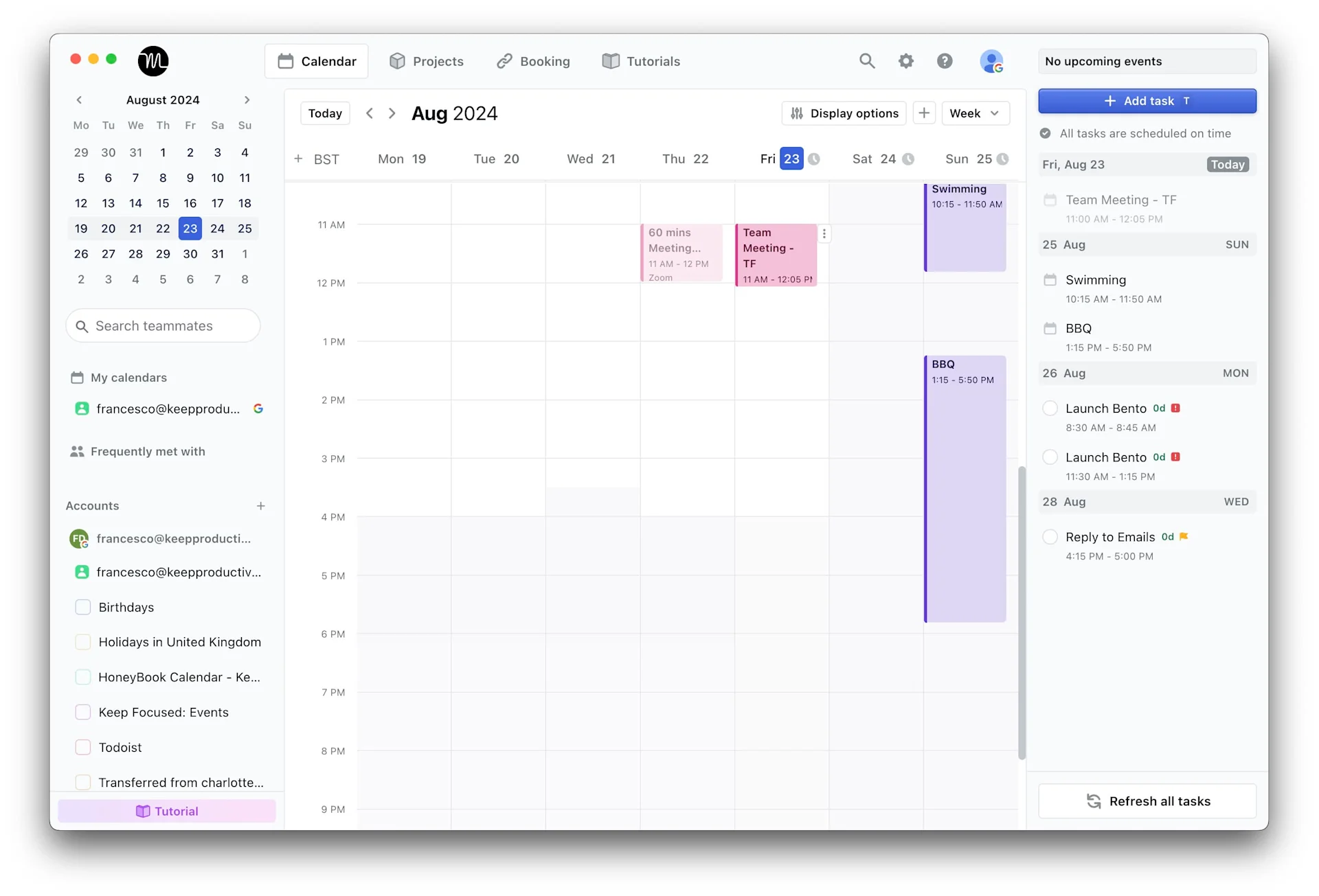 Motion App, Showing Tasks, Calendar & Meetings on Home