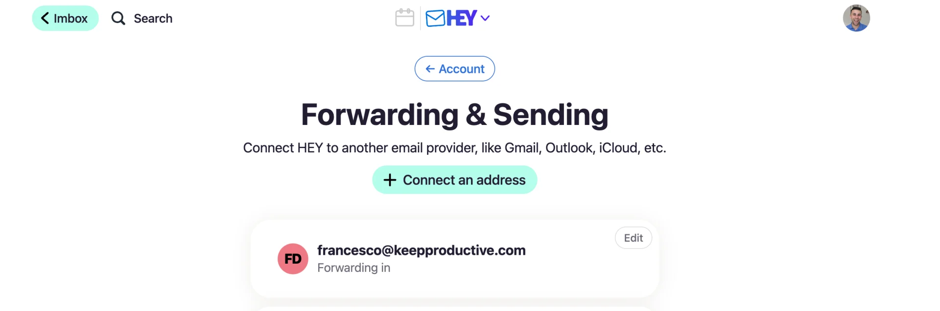 HEY.com email forwarding, setup