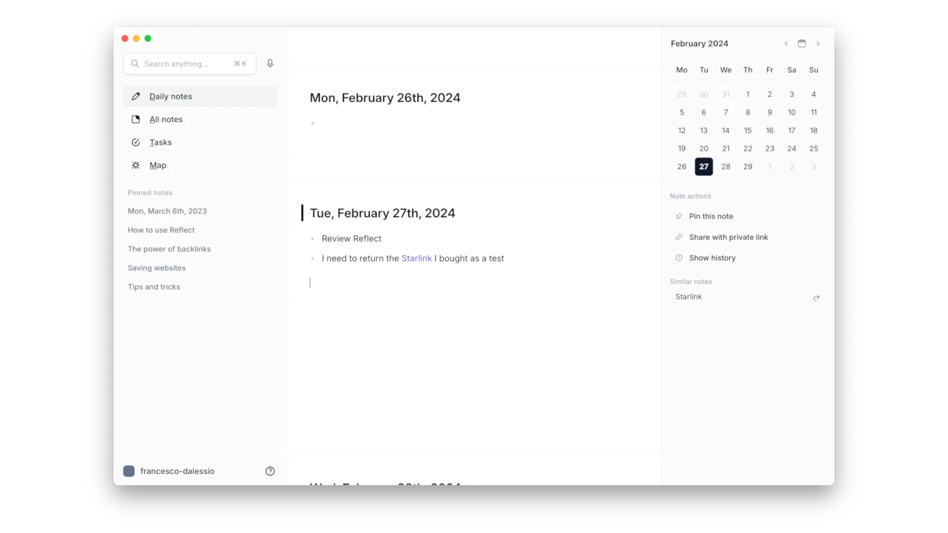 Daily Notes feature in Reflect Notes