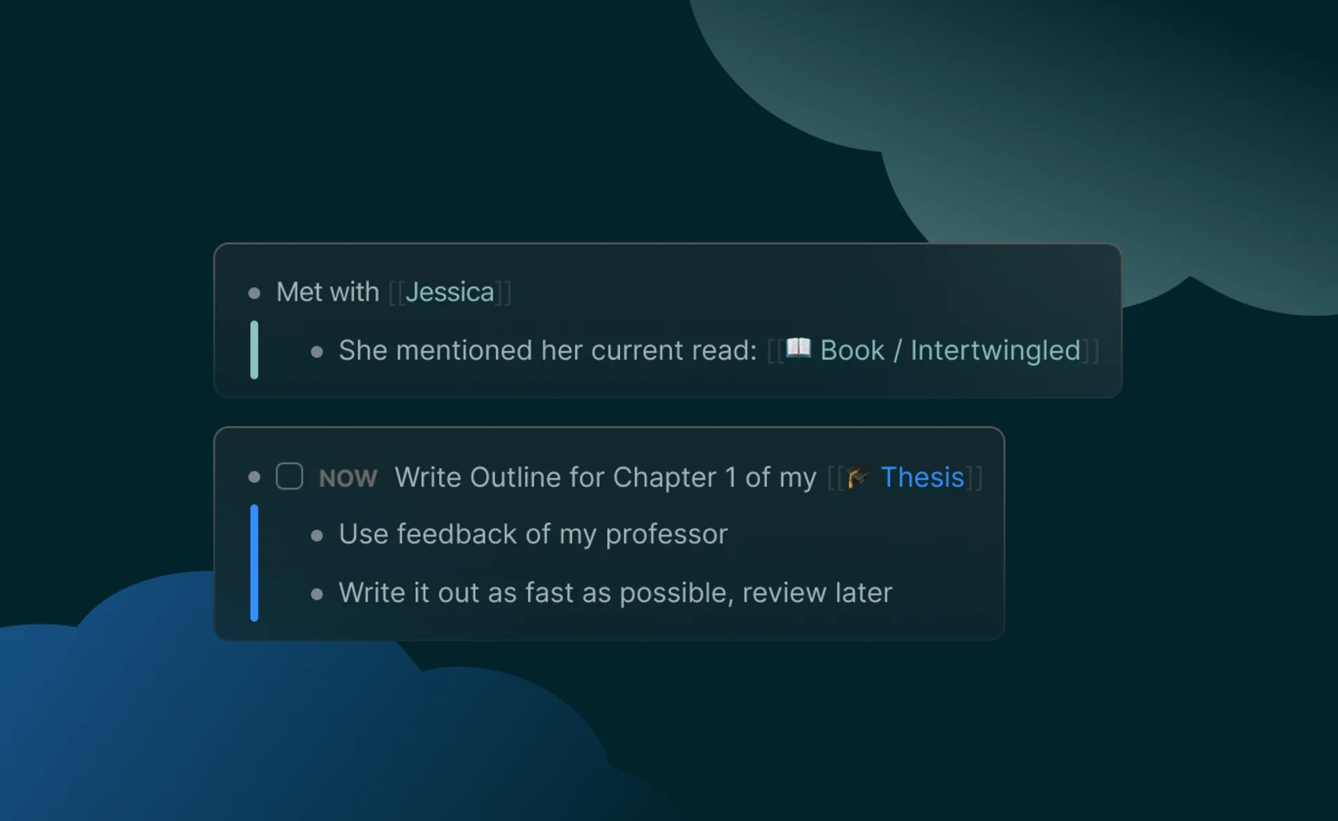 Logseq, Note Open with "Met with Jessica" and thesis note, App