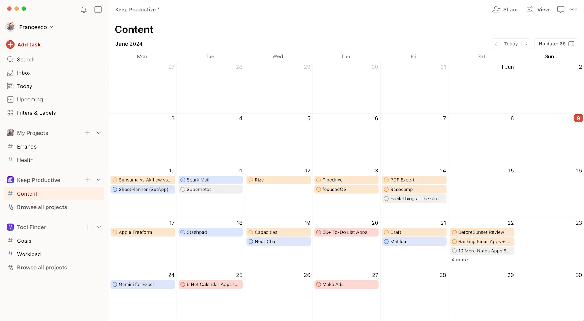 Todoist Home, Today View for Tasks, Showing Tasks