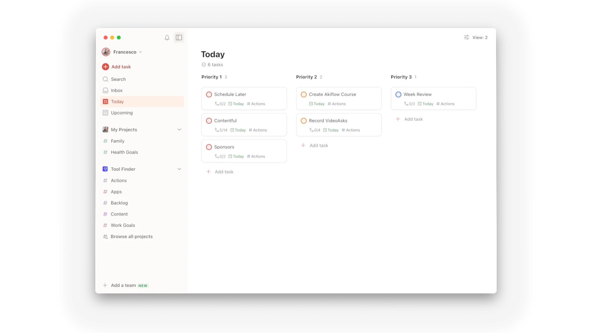 Todoist Home, Today View for Tasks, Showing Tasks
