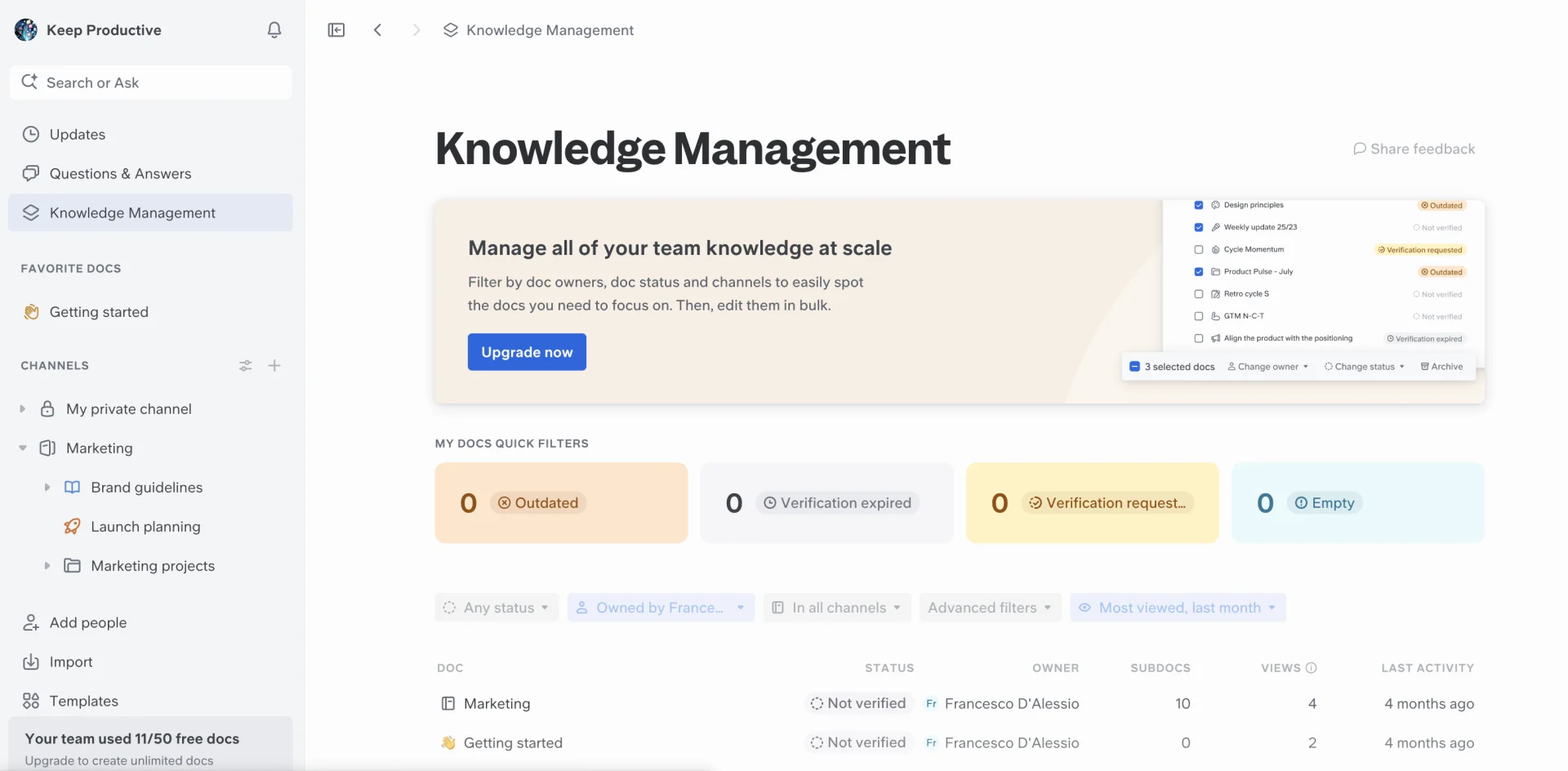 Slite Knowledge Management Section