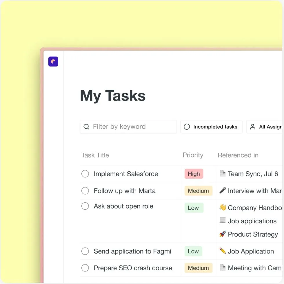 Task view in Saga.so to manage all tasks in one place and link to notes.