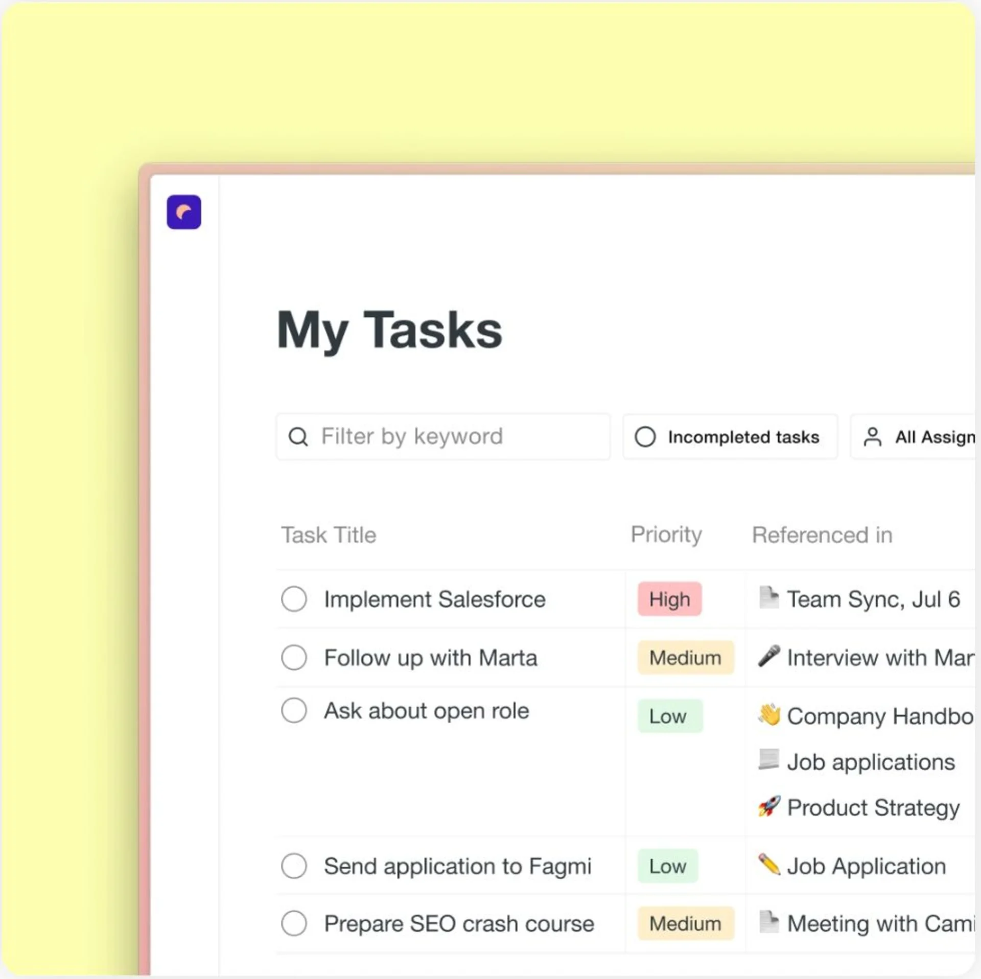 Task view in Saga.so to manage all tasks in one place and link to notes.