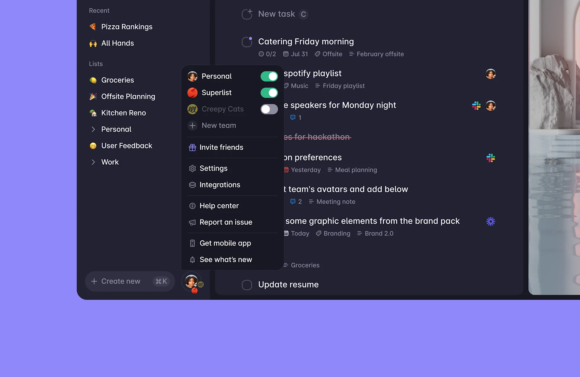 Menu within Superlist for managing team and personal tasks
