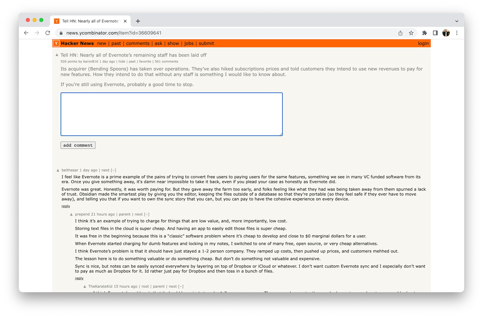 Hacker News: Evernote Post, Layoffs