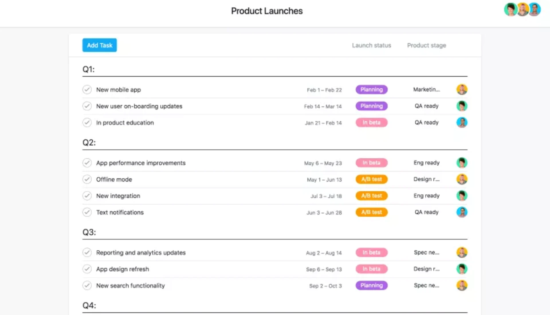 Tables Asana, Tasks, Due Dates, Product Launches, App