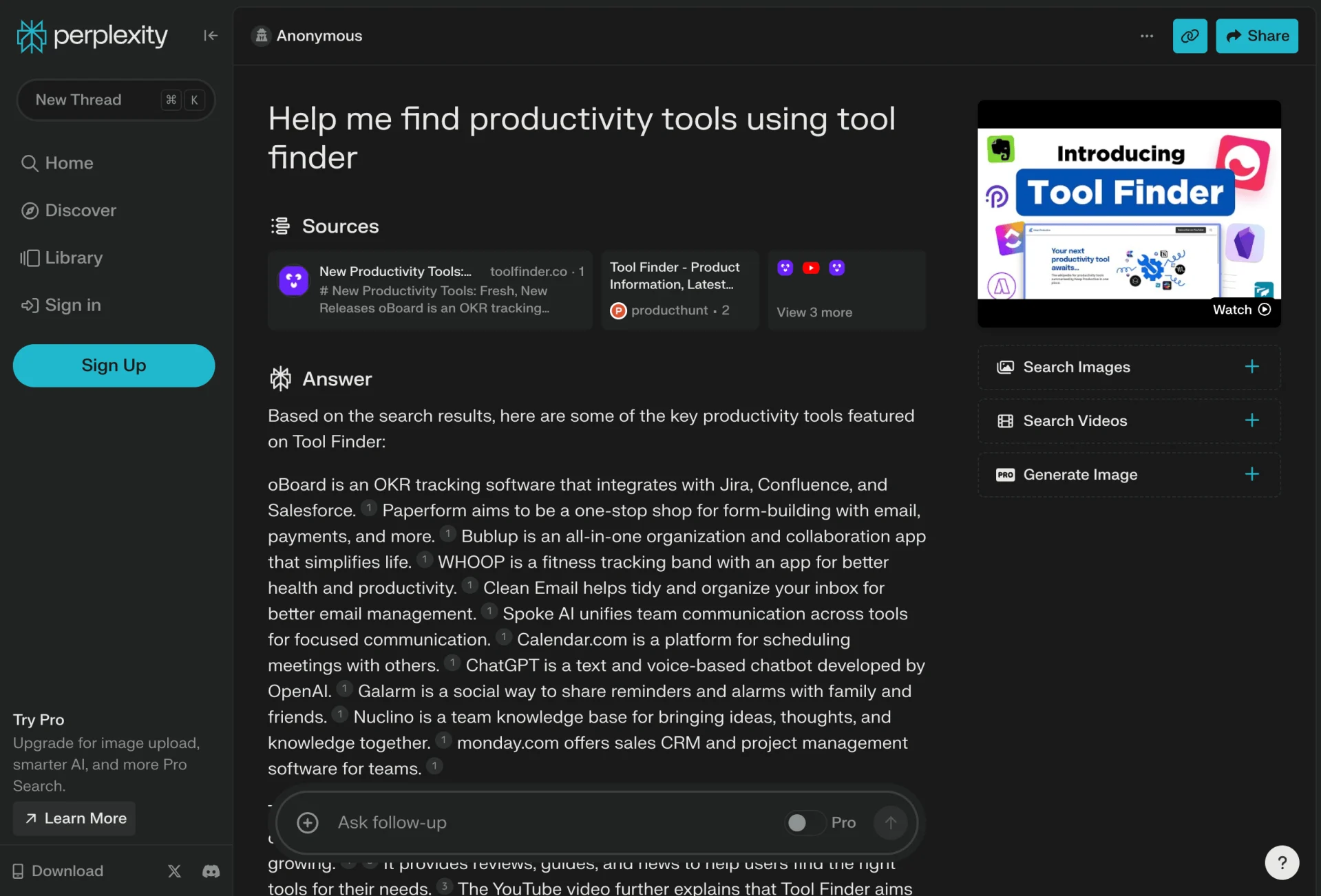 Tool Finder Perplexity AI
