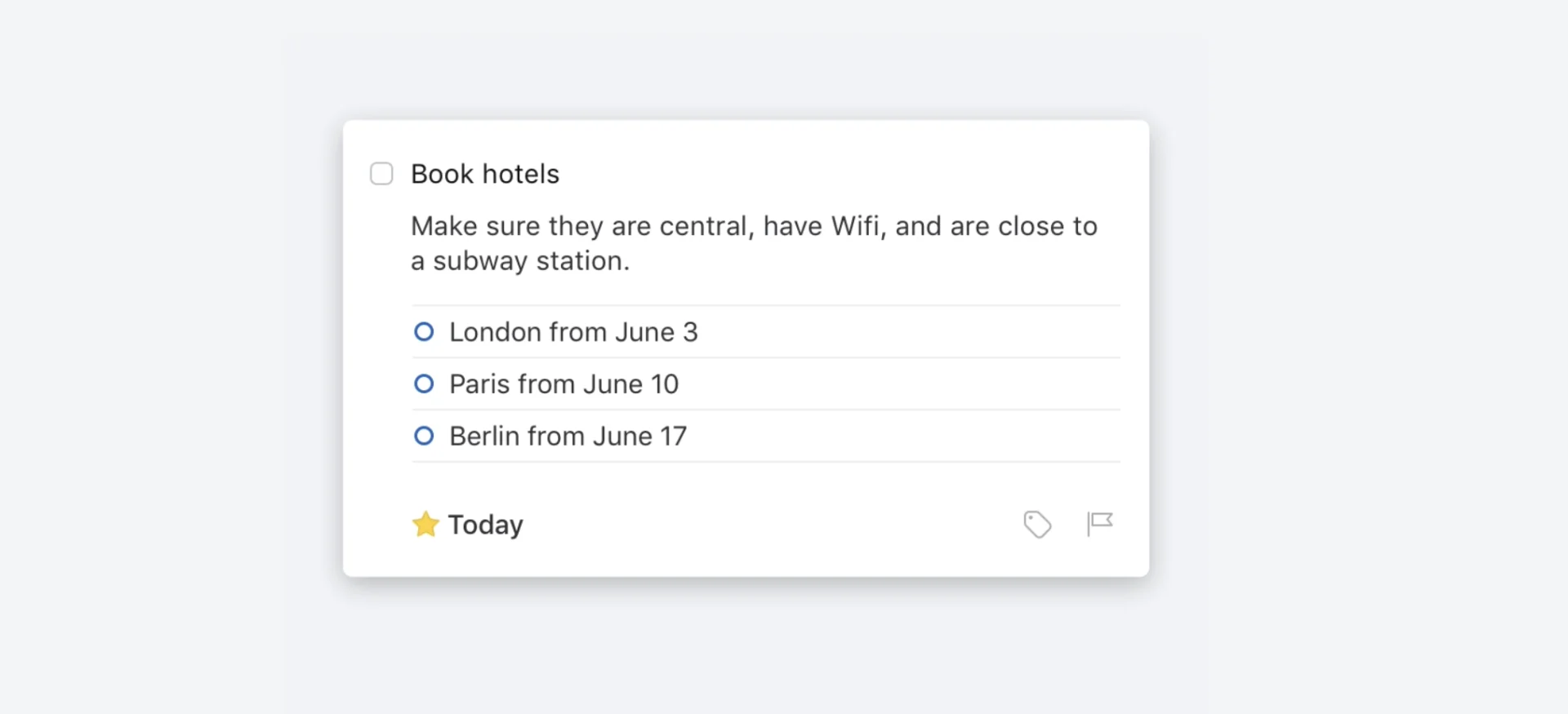 Things 3, Card, Shows Task of Book Hotels, with 3 Locations and dates for today