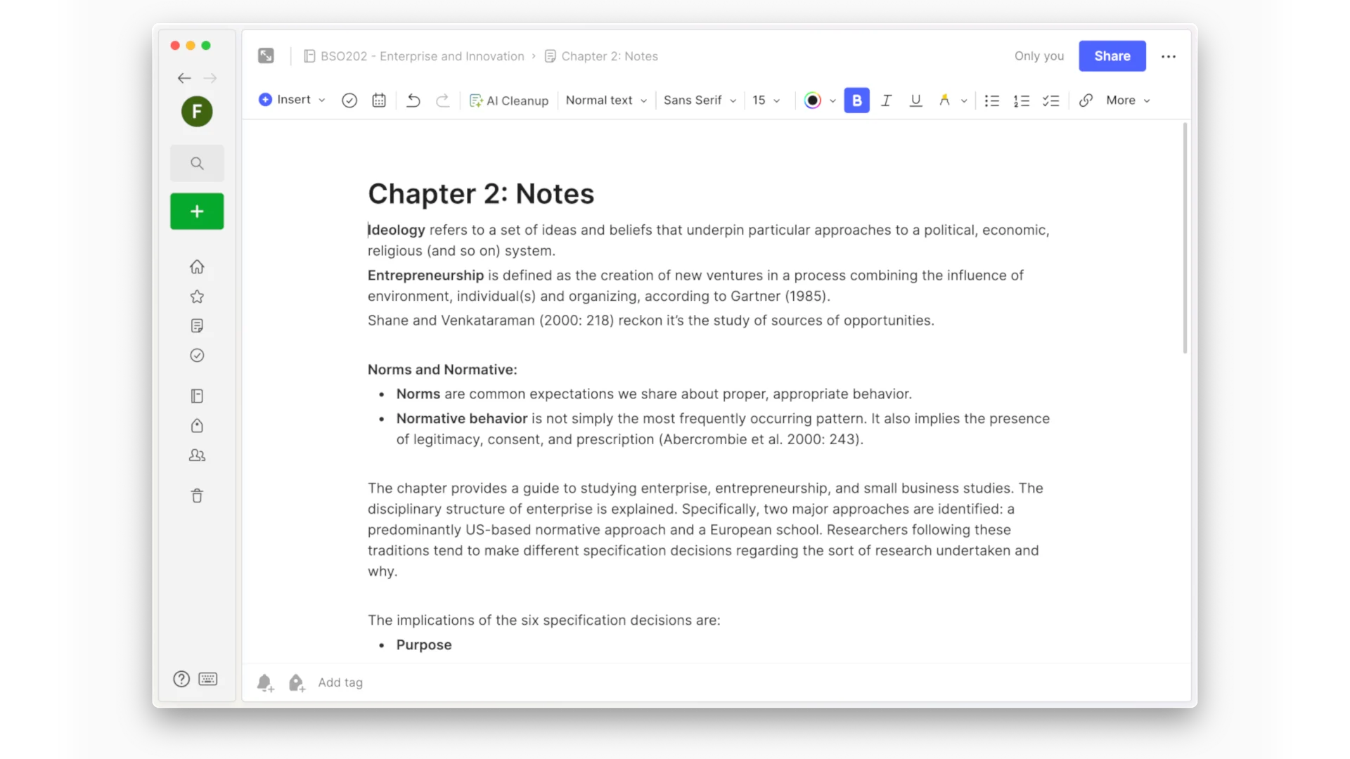 Evernote, inside a note, note about student note-taking