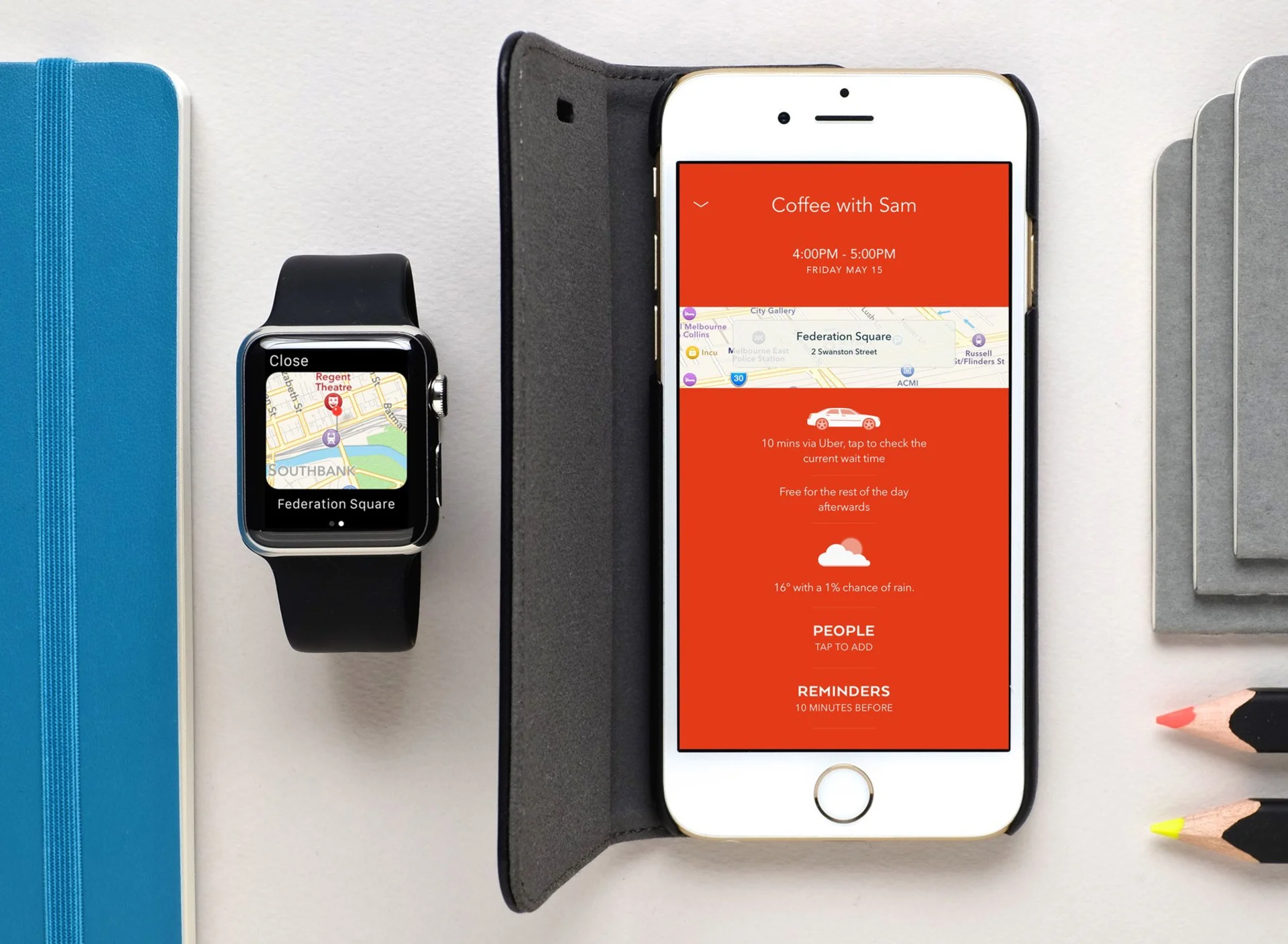 Moleskine Event Open, with Travel Time showing on iPhone and Apple Watch
