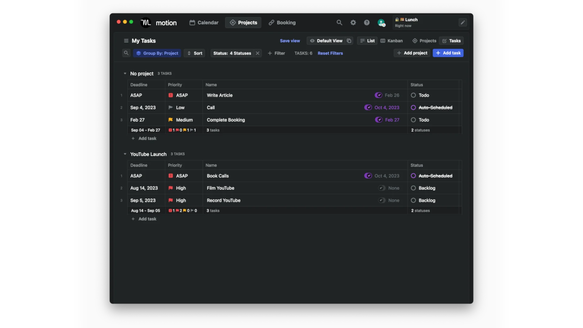 Motion App Projects, Project Management within Motion, Organize by Status View, February 2024