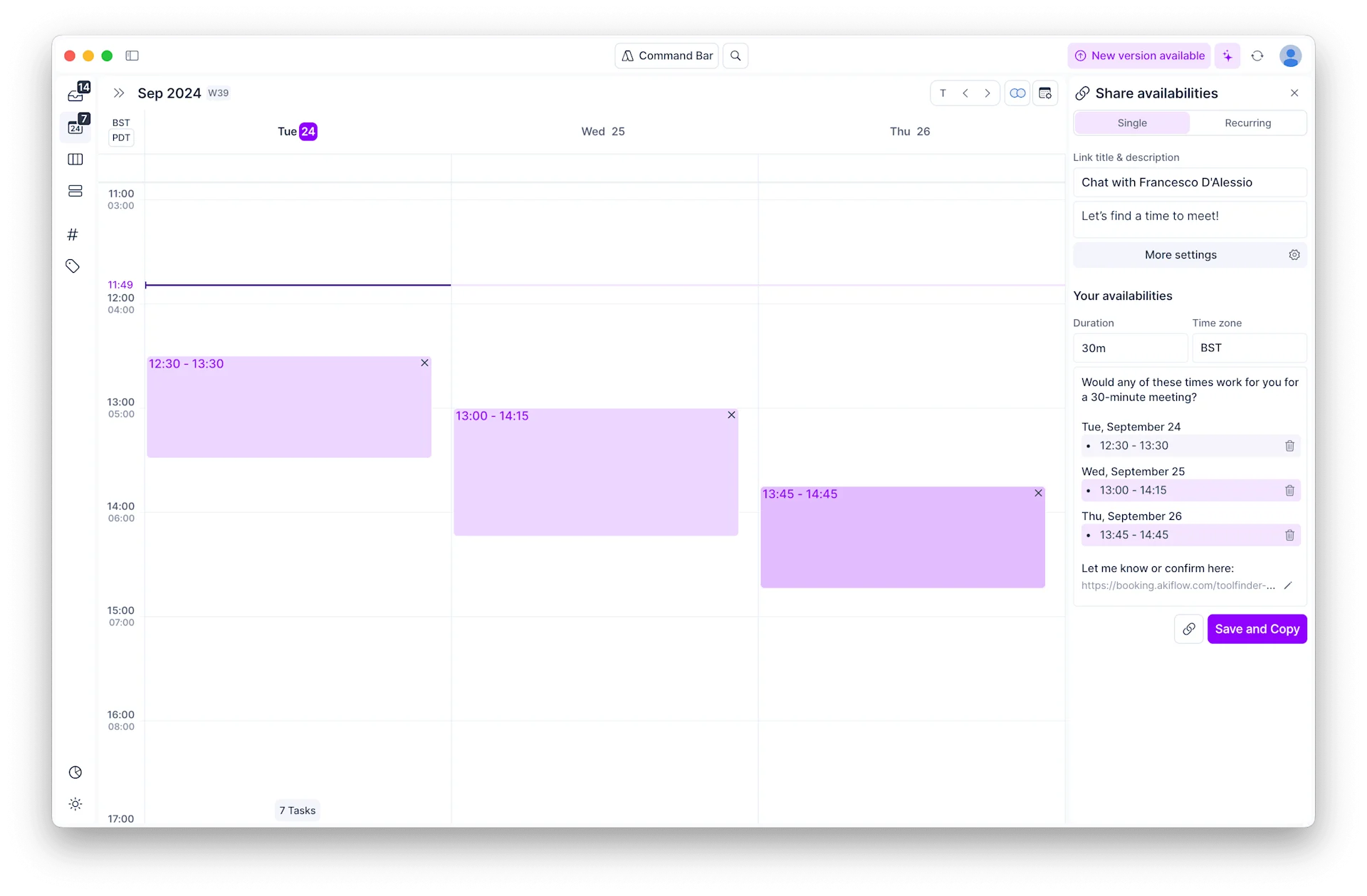 Using the meeting scheduling tool in Akiflow to showcase dates