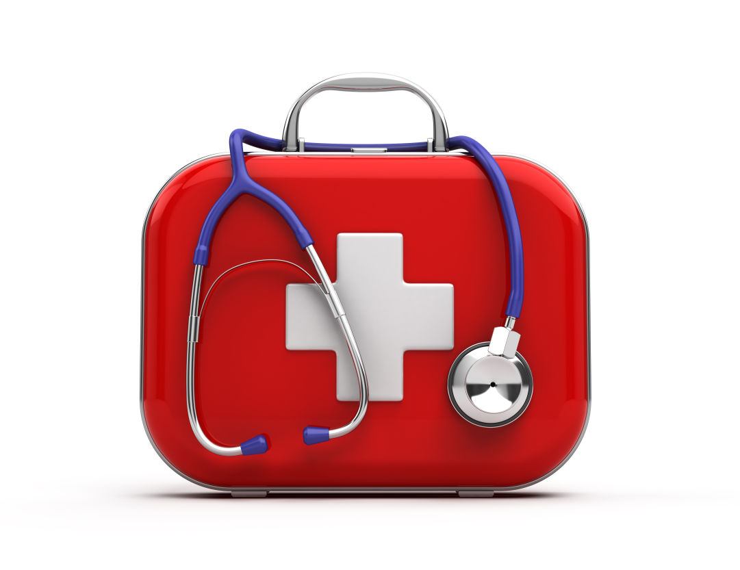 3D render of first aid kit with stethoscope