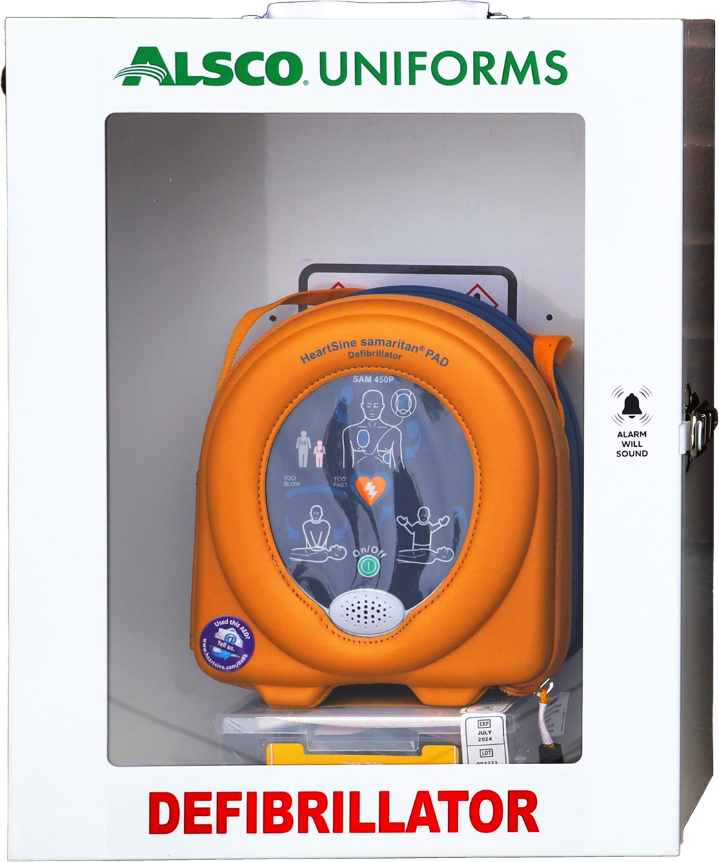 An Alsco Uniforms wall-mounted AED kit