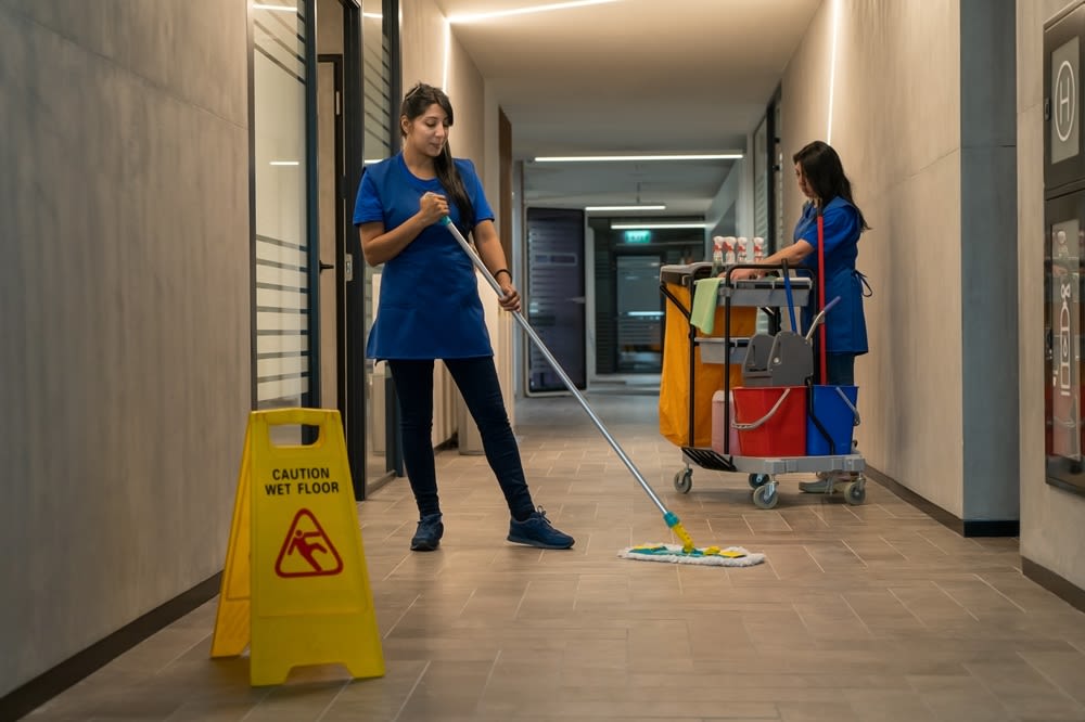 Two Hispanic women in janitorial uniforms working in a hallway. One is mopping and the other is preparing cleaning supplies. There is a "Caution Wet Floor" sign in the foreground.