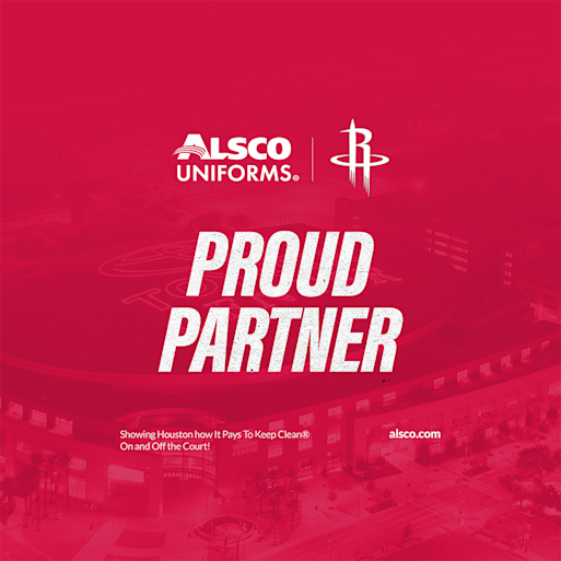 Red background over Toyota Center with Alsco Uniforms and Houston Rockets logo in front. Proud Partner is written in white text in the front of the picture.