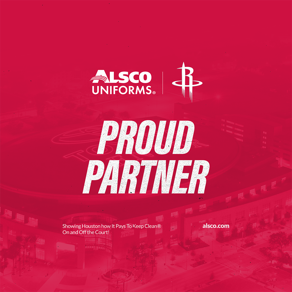 Red background over Toyota Center with Alsco Uniforms and Houston Rockets logo in front. Proud Partner is written in white text in the front of the picture.
