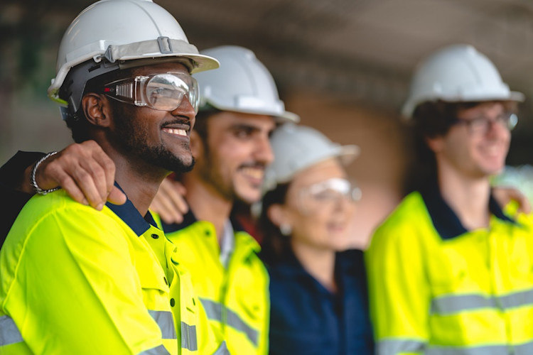 A group of smiling workers dressed in hi-viz uniforms, safety helmets, and safety goggles smiling with their arms around each other.