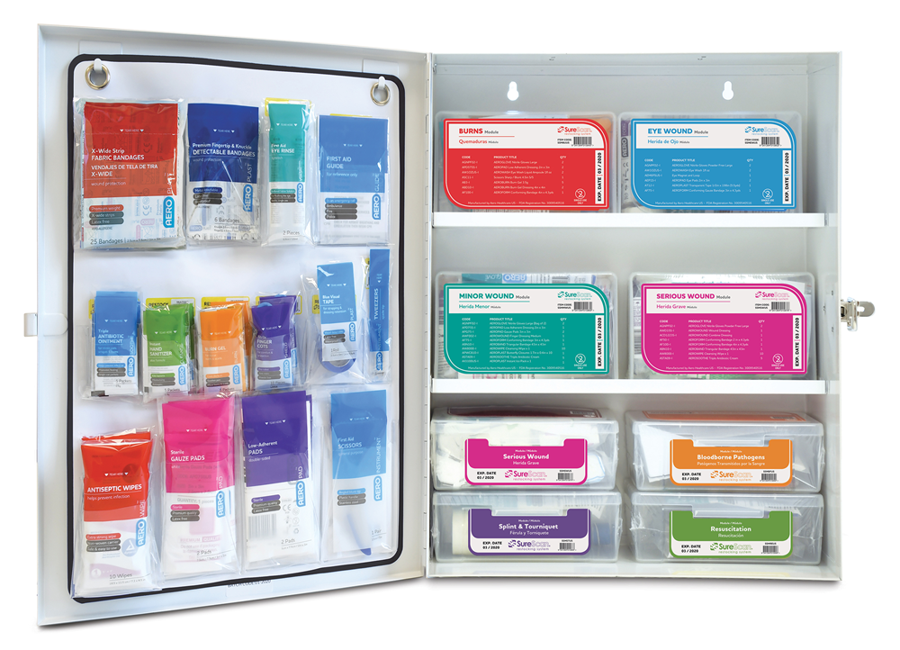 A wall-mounted first-aid kit, open to reveal products inside