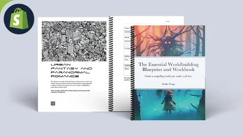 spiral bound workbook cover with title The Essential Worldbuilding Blueprint & Workbook. indie bookstore by Scribe Forge using Lulu Direct.