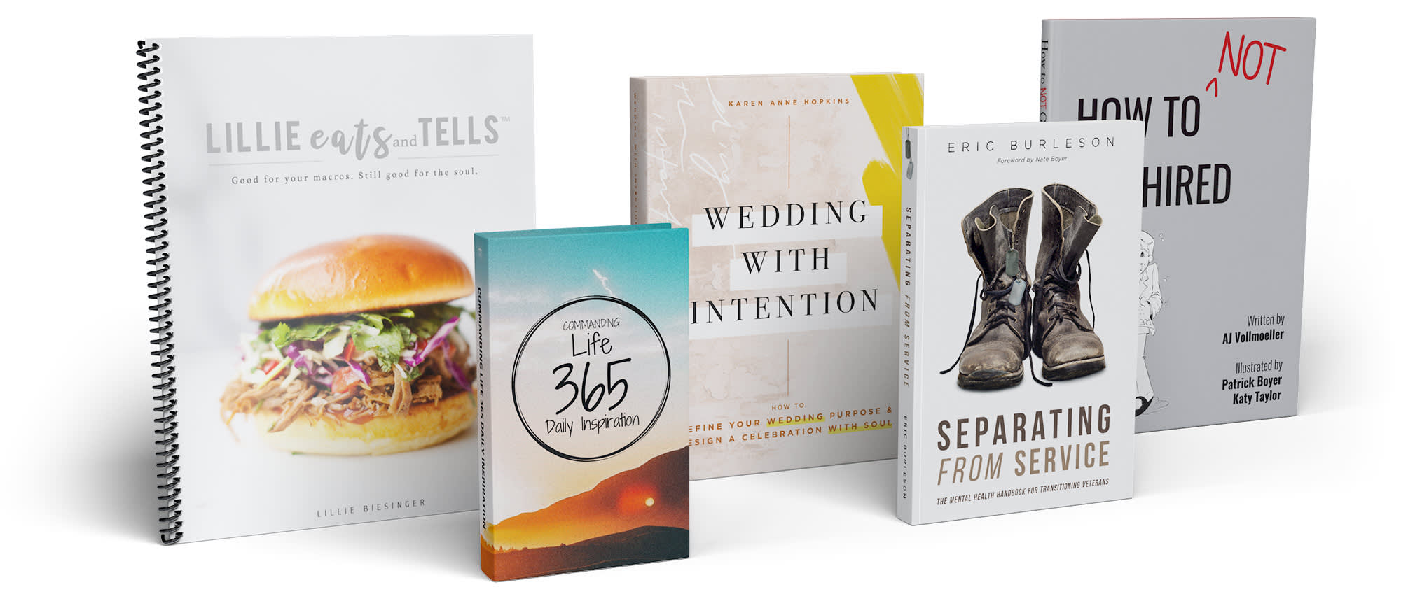 Examples of self published books being sold through Shopify including coil bound cookbooks, paperback non-fiction, custom journals, & more