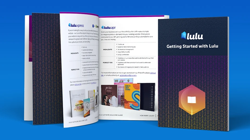 Open book with title Getting Started with Lulu, a how-go guide of registering for free then making a custom book to print or sell on Lulu.