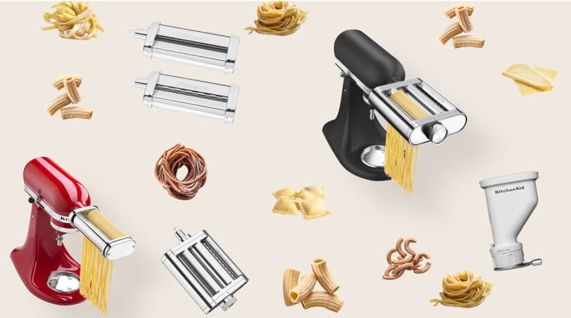 A KitchenAid® stand mixer with a pasta attachment