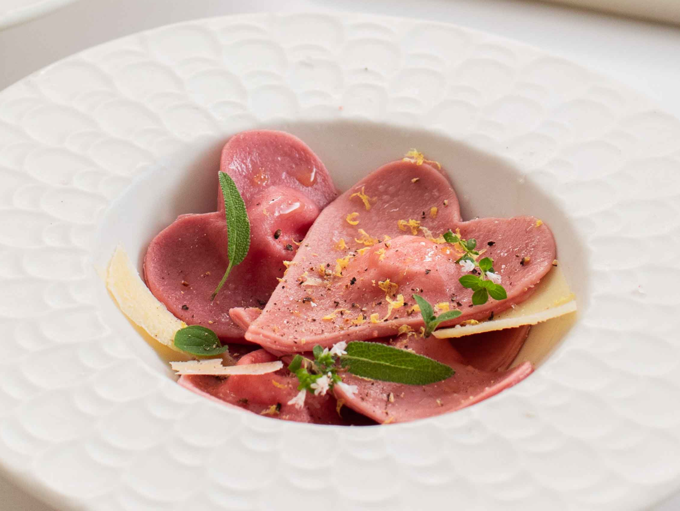 Pink, heart-shaped ravioli. 
