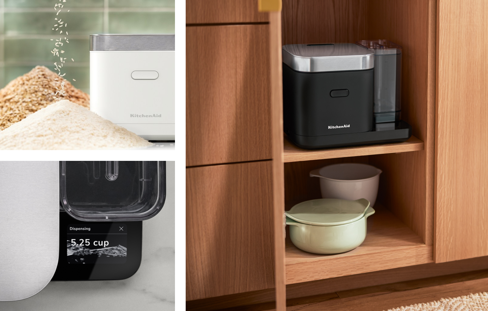 A collage of close ups of the grain and rice cooker.