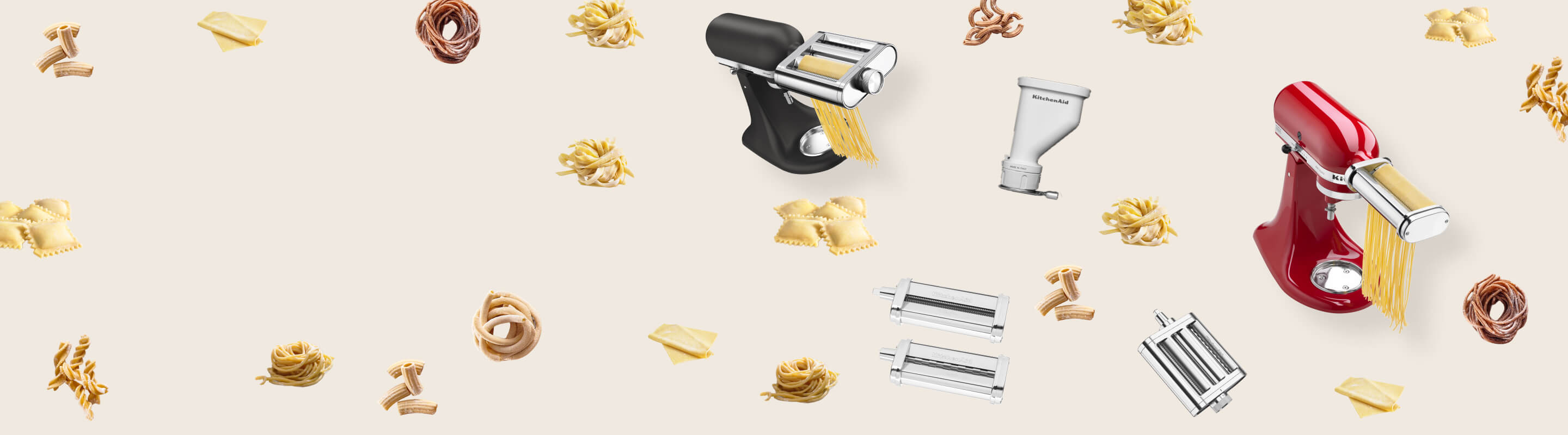 A KitchenAid® stand mixer with a pasta attachment