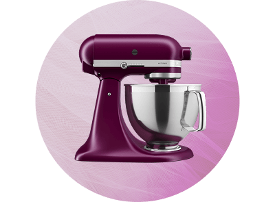 A Beetroot stand mixer on a patterned purple background.