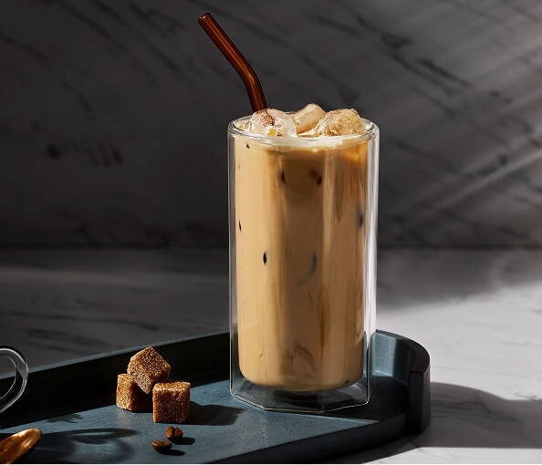 Iced coffee on a tray.
