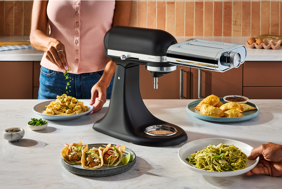 A KitchenAid® stand mixer with the 3-in-1 pasta attachment