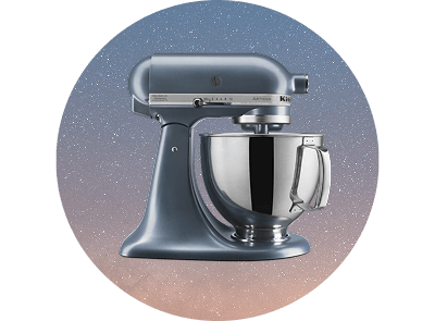 A Blue Steel stand mixer on a twilight background, with stars dotting the sky.
