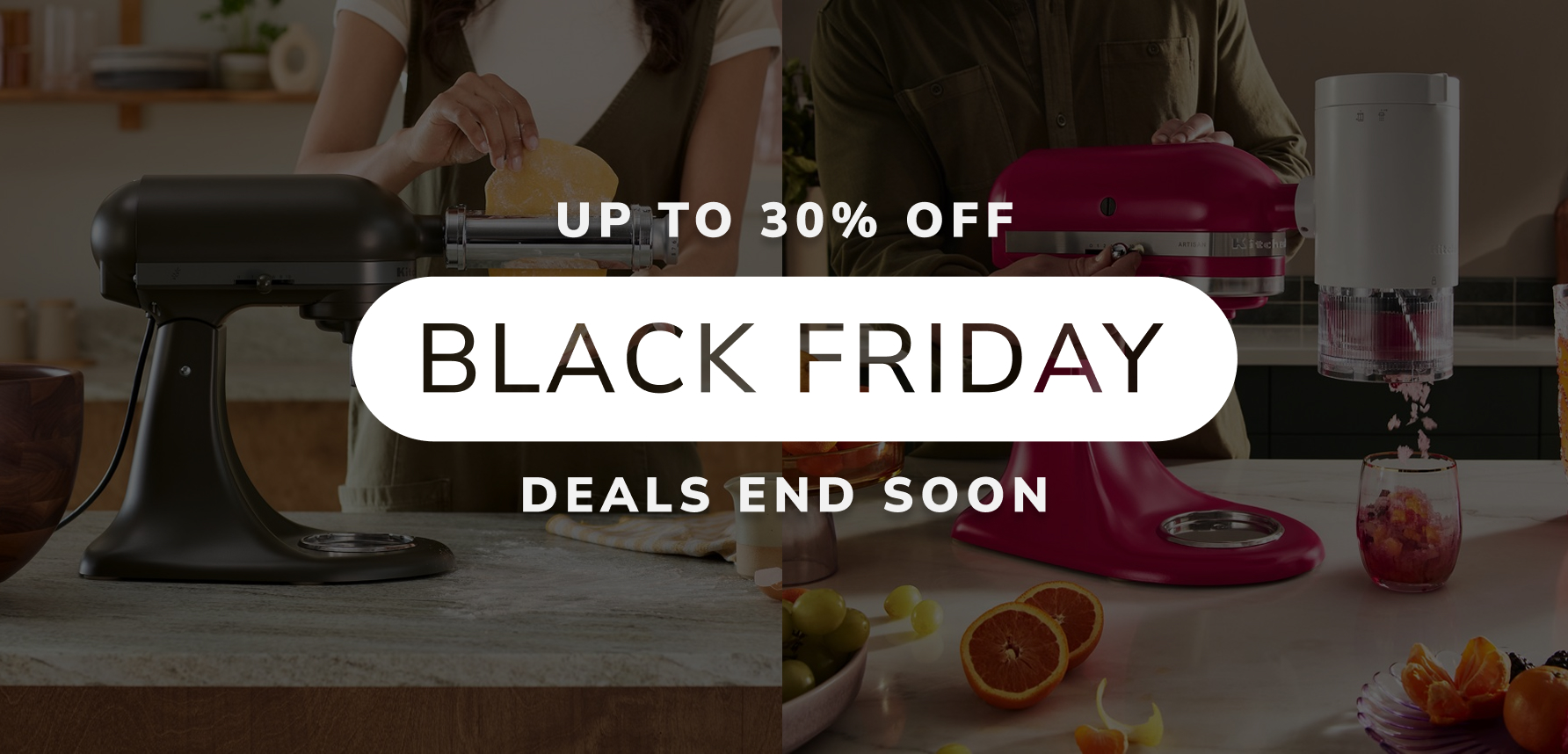 Two images showing a KitchenAid® stand mixer using the 3-in-1 pasta attachment.