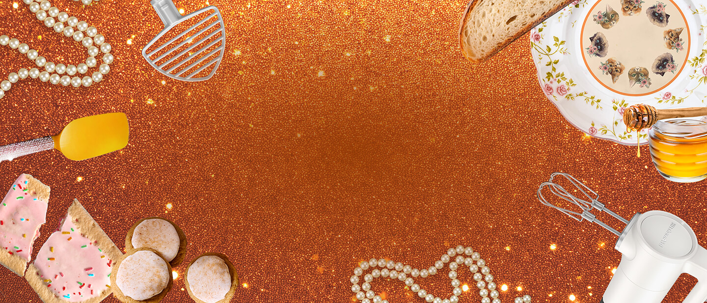 A teal background with mixer beaters, whisks and colorful sprinkles on it.