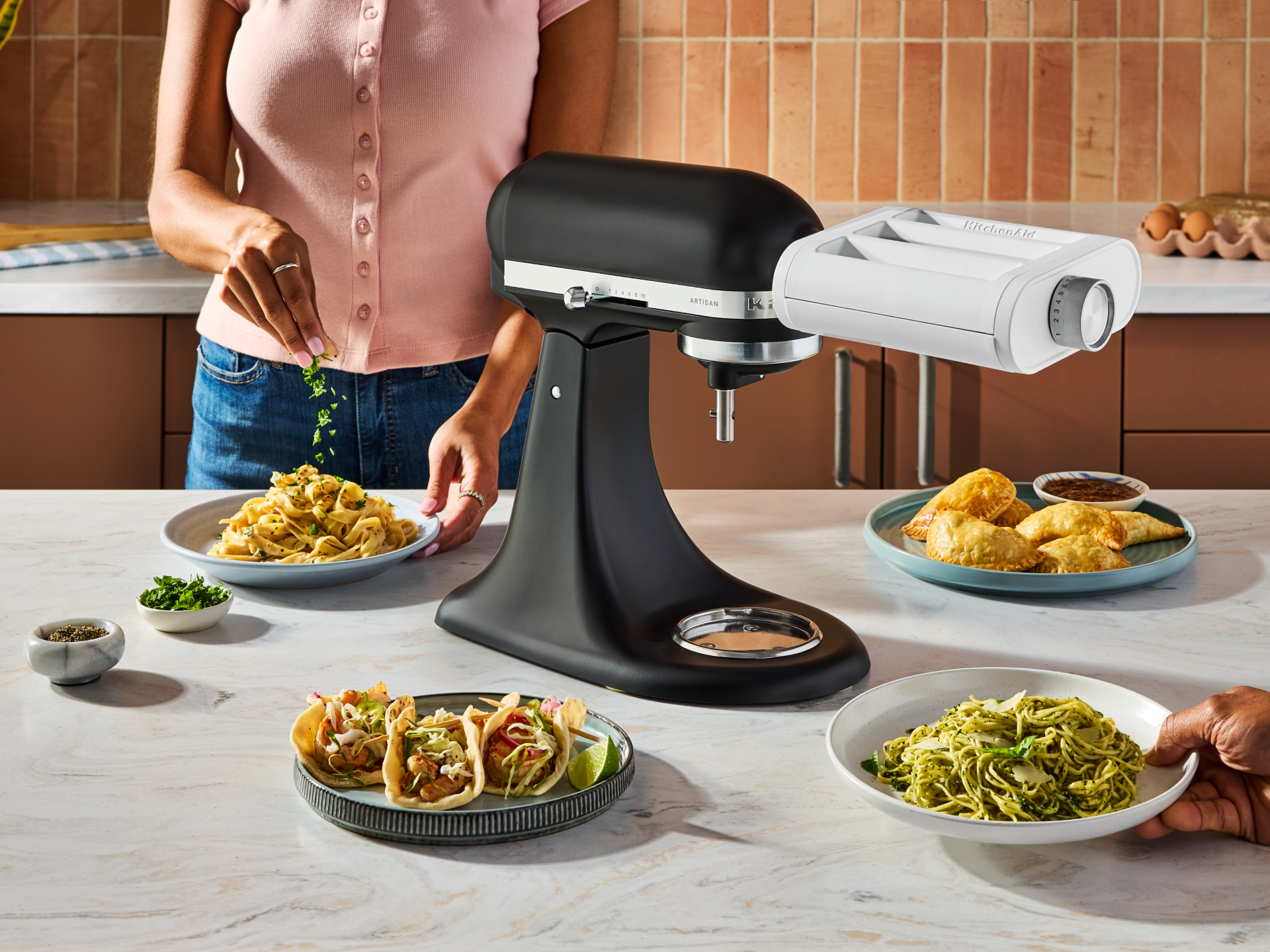 Prepared dishes using the pasta attachment. 