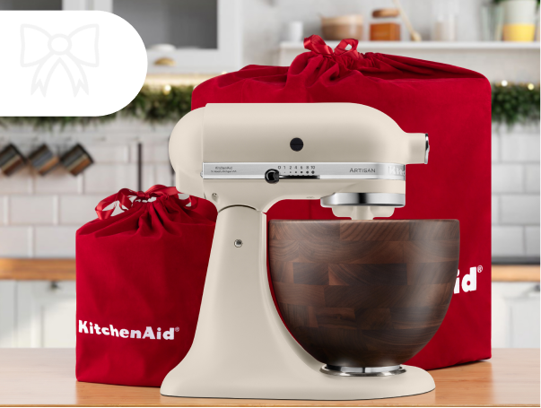 A KitchenAid® stand mixer and red gift bag