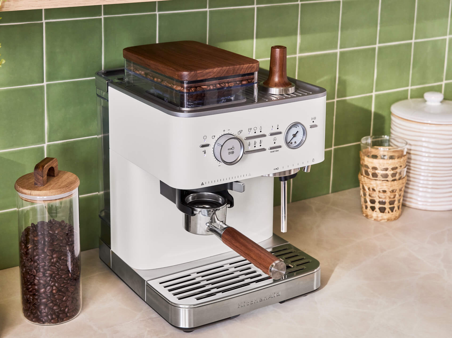 A Porcelain White Espresso Machine with the true walnut wood accessory kit applied.